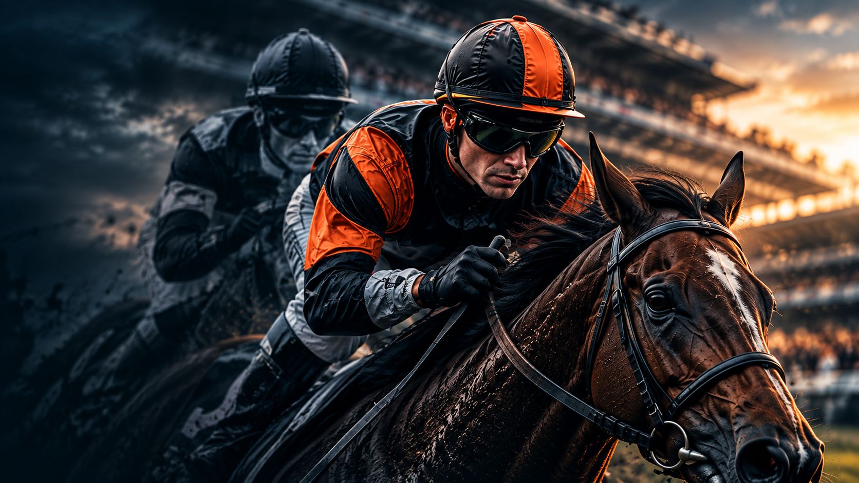 Racing Fans Jockey - Racing Fans Dev Jockey in orange and black silks riding a galloping horse, with another rider behind, on a blurred race track stadium backdrop.