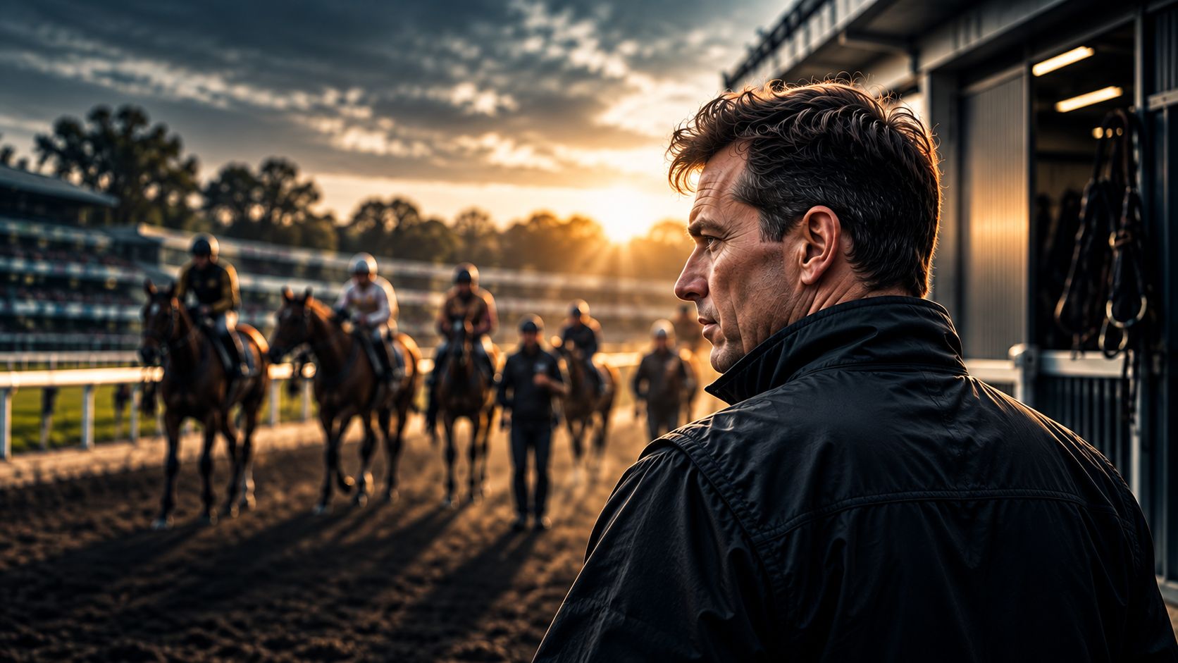 RacingFans_profile_tile_trainer - Racing Fans Dev Trainer watches riders on horses warming up at a racetrack during sunset, foregrounded by the trainer's profile. (informative)